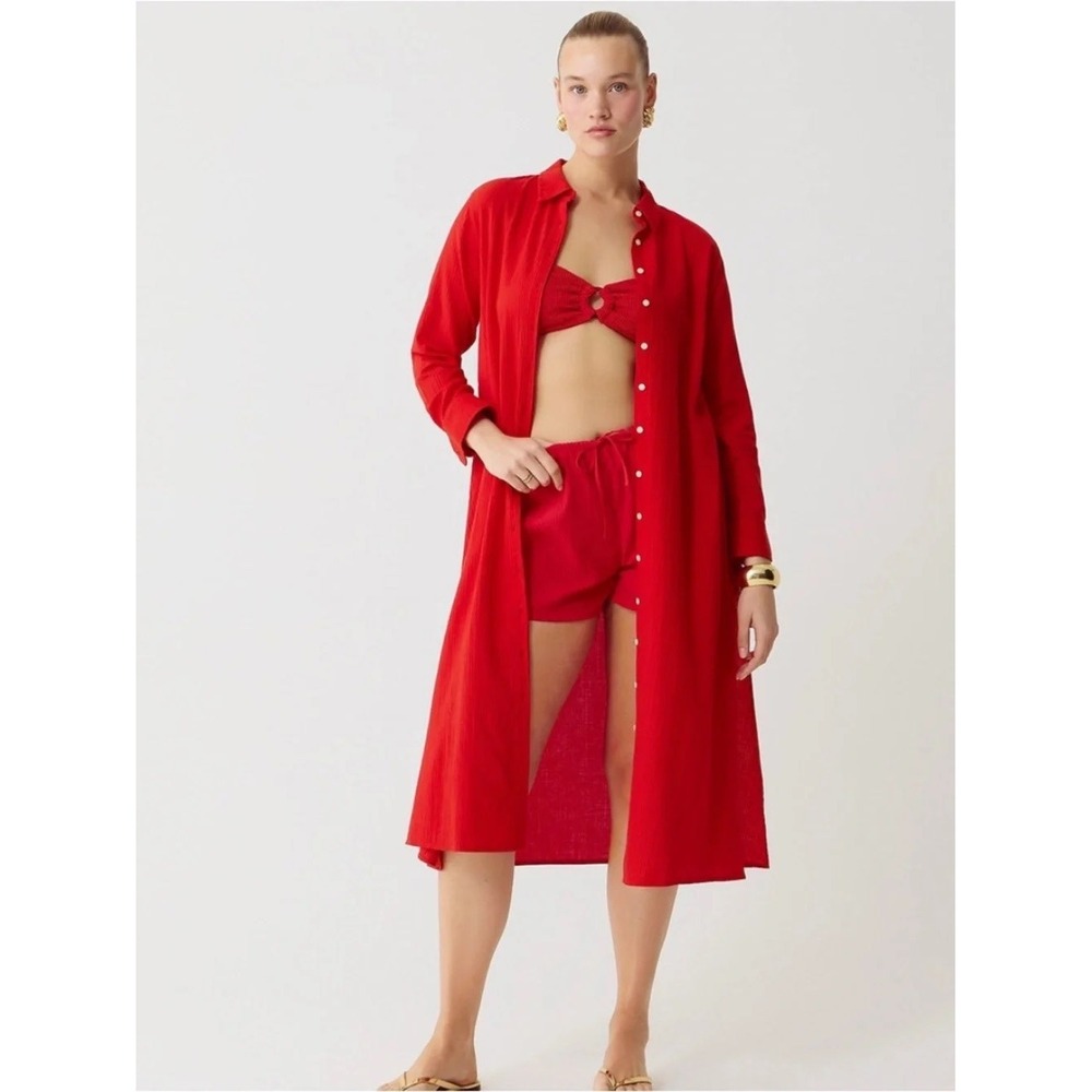 J Crew Long Beach Shirt Dress Small Red Airy Gauze Cotton Resort Beachy